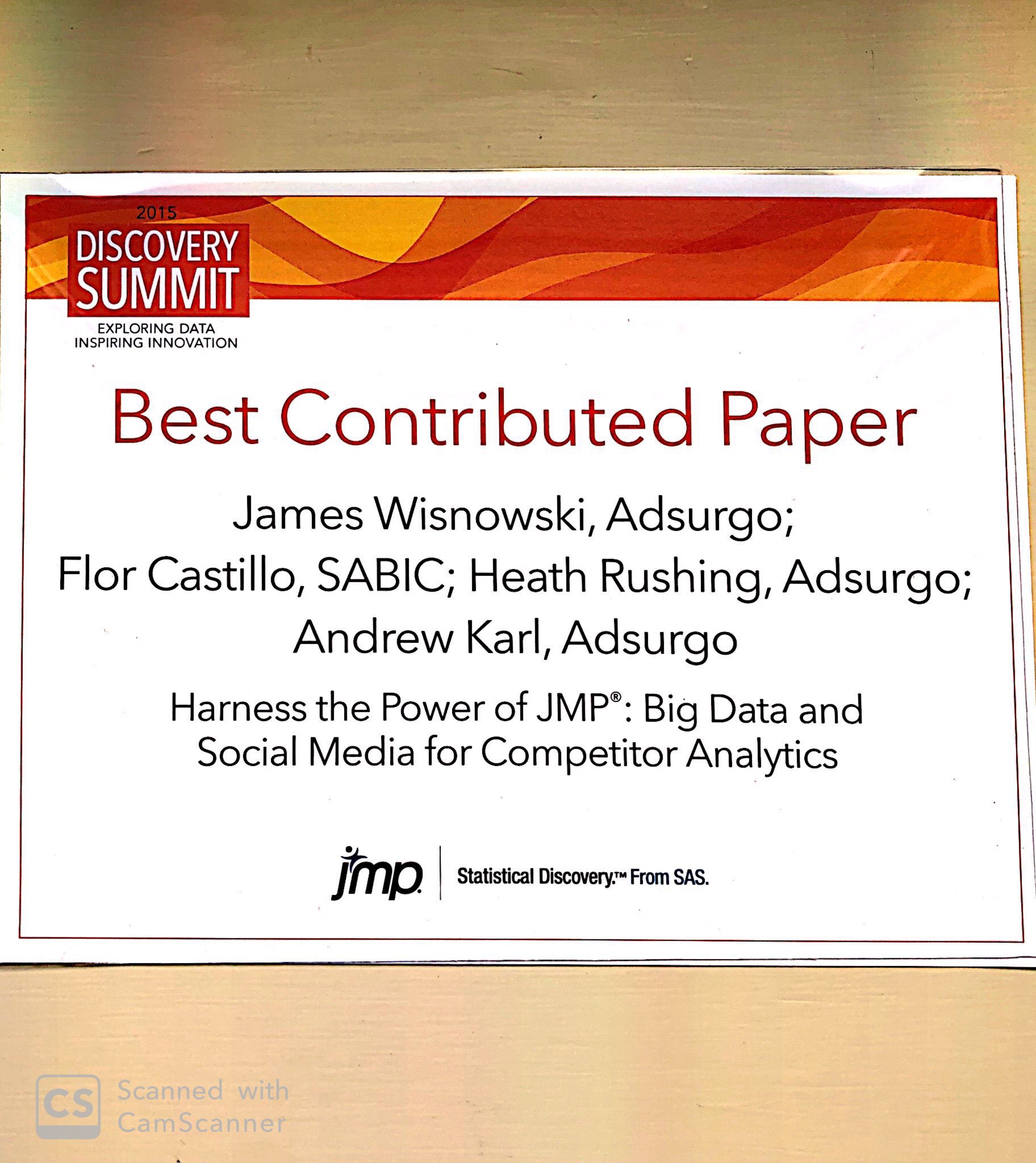 Adsurgo Wins Best Contributed Paper for JMP Discovery Conference!